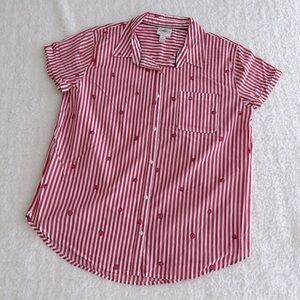 St. JOHN'S BAY NWOT Red and White Striped Shortsleeve Shirt, Strawberry Print, M